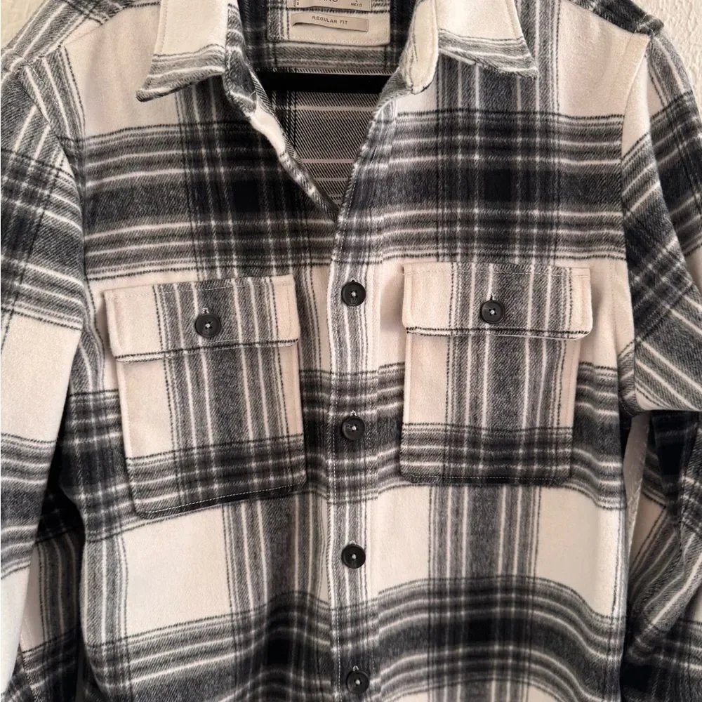 Mango Black and White Utility Jacket with Plaid Design